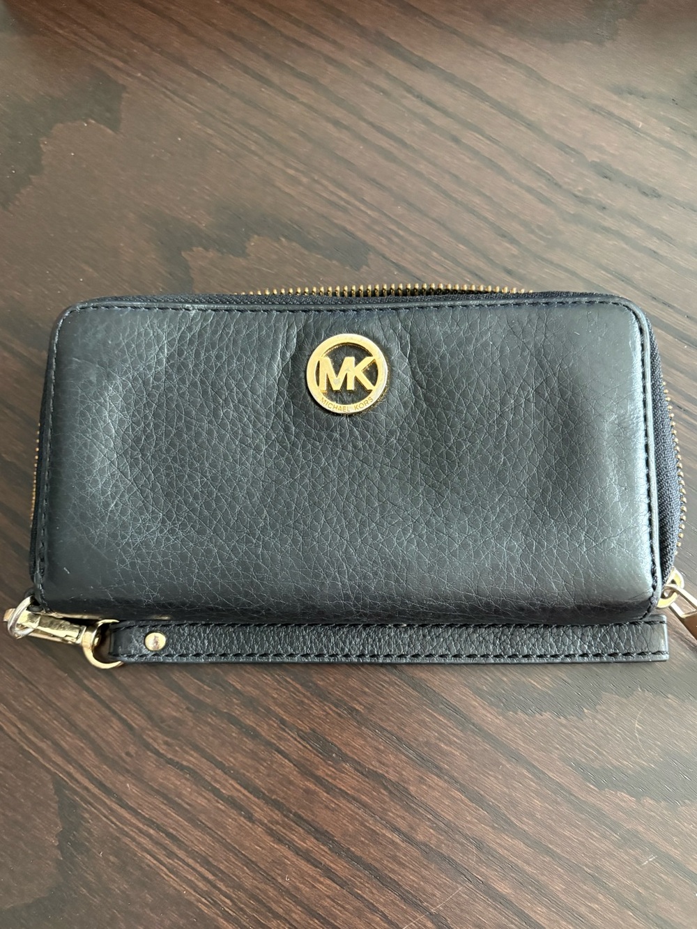 Michael Kors Black Leather Zip Wallet with Gold MK Logo